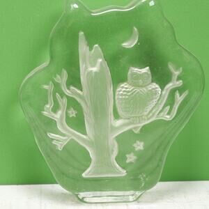 Art Glass Owl Sitting on Tree Moon Paperweight